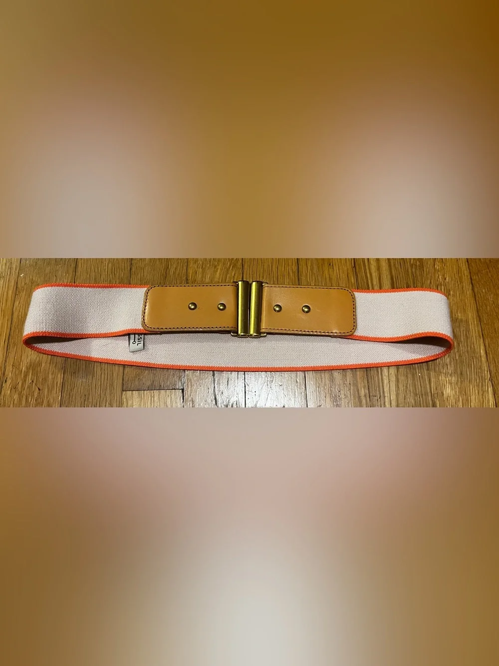 Fossil Beige Elastic Belt with Tan Leather and Gold-Tone Buckle